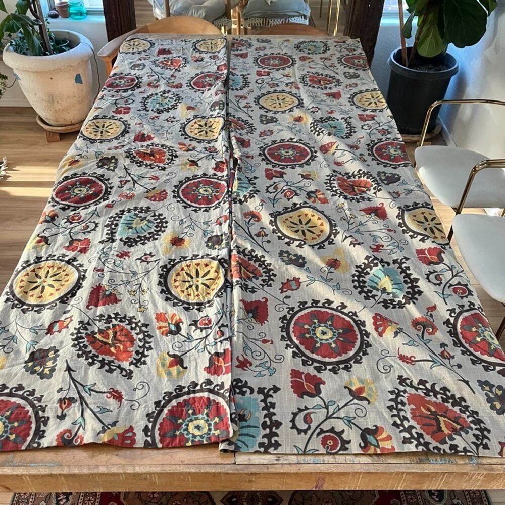 World Market Suzani Curtain Panels (2) 48in x 84in Floral Medallion 100% Cotton